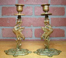 Load image into Gallery viewer, Crane Stork Antique Bronze Candlesticks Figural Decorative Arts Candle Holders