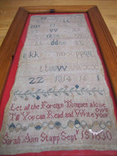 Load image into Gallery viewer, 1830 LET ALL THE FOREIGN TONGUES ALONE SARAH ANN STAPP 19c School Girl Sampler