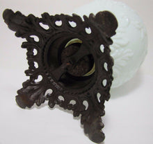 Load image into Gallery viewer, 19c Victorian Milk Glass Spider Web Flowers Oil Lamp FG Co Cast Iron Base Ornate