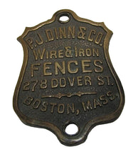 Load image into Gallery viewer, PJ DINN & Co WIRE & IRON FENCES BOSTON MASS Antique Bronze Brass Nameplate Sign
