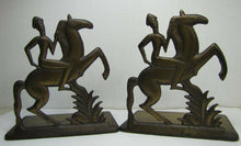 Load image into Gallery viewer, Art Deco Stylized Horse Rider Original Old Bookends Cast Iron Brass Bronze Wash
