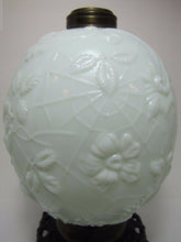Load image into Gallery viewer, 19c Victorian Milk Glass Spider Web Flowers Oil Lamp FG Co Cast Iron Base Ornate