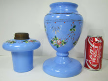 Load image into Gallery viewer, Antique Blue Glass Lamp Hand Painted Flowers Removable Insert Periwinkle Milk