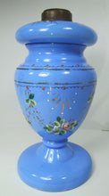 Load image into Gallery viewer, Antique Blue Glass Lamp Hand Painted Flowers Removable Insert Periwinkle Milk