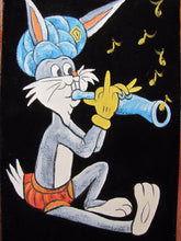 Load image into Gallery viewer, BUGS BUNNY SWAMI Flute Vintage Oil on Velvet Painting wood framed artwork