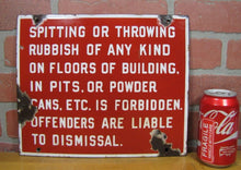Load image into Gallery viewer, SPITTING OR THROWING RUBBISH FORBIDDEN OFFENDERS DISMISSAL Old Porcelain Sign