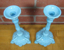 Load image into Gallery viewer, SERPENT SNAKE KOI DRAGON FISH Antique Pair Blue Milkglass Candlesticks Ornate