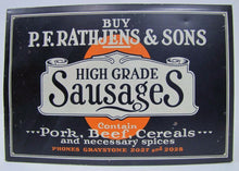 Load image into Gallery viewer, RATHJENS & SONS SAUSAGES Old Ad Tin Sign PORK BEEF CEREAL SPICE AAW COSHOCTON O