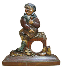 Load image into Gallery viewer, Antique Pocket Watch Holder Cast Iron Figural Man Ornate Multi Color Paint