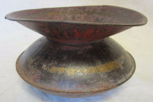 Load image into Gallery viewer, SPITTOON Antique 19c Metal Decorative Arts Old Red Yellow Black Paint Patina