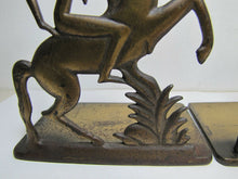 Load image into Gallery viewer, Art Deco Stylized Horse Rider Original Old Bookends Cast Iron Brass Bronze Wash