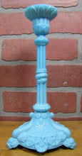 Load image into Gallery viewer, SERPENT SNAKE KOI DRAGON FISH Antique Pair Blue Milkglass Candlesticks Ornate