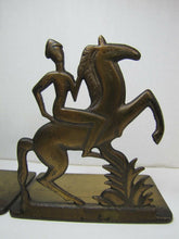 Load image into Gallery viewer, Art Deco Stylized Horse Rider Original Old Bookends Cast Iron Brass Bronze Wash