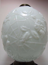 Load image into Gallery viewer, 19c Victorian Milk Glass Spider Web Flowers Oil Lamp FG Co Cast Iron Base Ornate