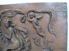 Load image into Gallery viewer, Nude Maiden Dauphin Koi Fish Man Cherub Antique Wooden Carved Art Nouveau Plaque