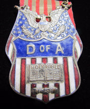 Load image into Gallery viewer, DAUGHTERS OF AMERICA D of A Antique Enamel Medallion Flag Ribbon Bible Pinback