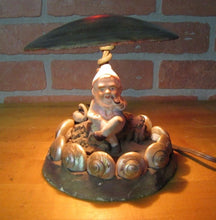 Load image into Gallery viewer, Folk Art Gnome Elf Troll w Swan Asbury Park New Jersey Old Souvenir Shell Lamp