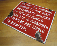 Load image into Gallery viewer, SPITTING OR THROWING RUBBISH FORBIDDEN OFFENDERS DISMISSAL Old Porcelain Sign