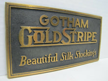 Load image into Gallery viewer, 1920s GOTHAM GOLD STRIPE SILK STOCKINGS Brass Sign TORREY RB WORKS BATH MAINE