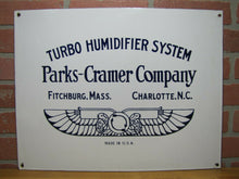 Load image into Gallery viewer, PARKS-CRAMER Co TURBO HUMIDIFIER SYSTEM Antique Porcelain Sign Made in USA Logo