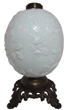 Load image into Gallery viewer, 19c Victorian Milk Glass Spider Web Flowers Oil Lamp FG Co Cast Iron Base Ornate