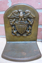 Load image into Gallery viewer, American Eagle Shield Crest Anchors Navy Antique Brass Decorative Art Bookends