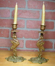 Load image into Gallery viewer, Crane Stork Antique Bronze Candlesticks Figural Decorative Arts Candle Holders