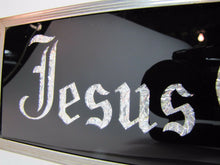 Load image into Gallery viewer, JESUS CARES Sign Glass Front Foil Design Lettering Deco Tin Bevel Frame