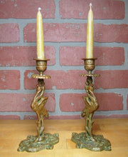Load image into Gallery viewer, Crane Stork Antique Bronze Candlesticks Figural Decorative Arts Candle Holders