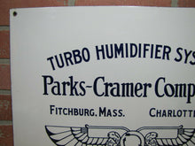 Load image into Gallery viewer, PARKS-CRAMER Co TURBO HUMIDIFIER SYSTEM Antique Porcelain Sign Made in USA Logo