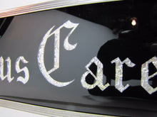 Load image into Gallery viewer, JESUS CARES Sign Glass Front Foil Design Lettering Deco Tin Bevel Frame