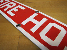 Load image into Gallery viewer, FIRE HOSE Old Porcelain Sign Red & White READY MADE Co NY Industrial Shop Safety