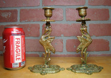 Load image into Gallery viewer, Crane Stork Antique Bronze Candlesticks Figural Decorative Arts Candle Holders