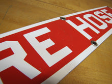 Load image into Gallery viewer, FIRE HOSE Old Porcelain Sign Red & White READY MADE Co NY Industrial Shop Safety