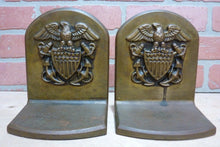 Load image into Gallery viewer, American Eagle Shield Crest Anchors Navy Antique Brass Decorative Art Bookends