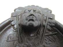 Load image into Gallery viewer, FLECK BROS INDIAN CHIEF Antique Cast Iron Advertising Tray PEACE PIPE TOMAHAWK