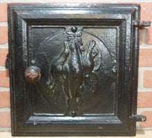 Load image into Gallery viewer, DEAD GAME BIRDS Antique Cast Iron Stove Front Plaque Door RH Decorative Art Sign