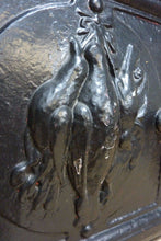 Load image into Gallery viewer, DEAD GAME BIRDS Antique Cast Iron Stove Front Plaque Door LH Decorative Art Sign