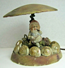 Load image into Gallery viewer, Folk Art Gnome Elf Troll w Swan Asbury Park New Jersey Old Souvenir Shell Lamp