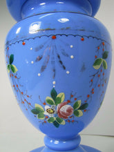 Load image into Gallery viewer, Antique Blue Glass Lamp Hand Painted Flowers Removable Insert Periwinkle Milk