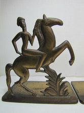 Load image into Gallery viewer, Art Deco Stylized Horse Rider Original Old Bookends Cast Iron Brass Bronze Wash