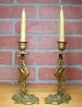 Load image into Gallery viewer, Crane Stork Antique Bronze Candlesticks Figural Decorative Arts Candle Holders