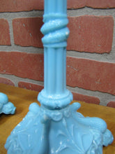 Load image into Gallery viewer, SERPENT SNAKE KOI DRAGON FISH Antique Pair Blue Milkglass Candlesticks Ornate