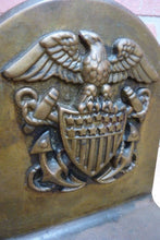 Load image into Gallery viewer, American Eagle Shield Crest Anchors Navy Antique Brass Decorative Art Bookends