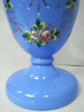 Load image into Gallery viewer, Antique Blue Glass Lamp Hand Painted Flowers Removable Insert Periwinkle Milk
