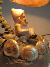 Load image into Gallery viewer, Folk Art Gnome Elf Troll w Swan Asbury Park New Jersey Old Souvenir Shell Lamp