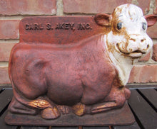 Load image into Gallery viewer, CARL AKEY SAFE-GUARD Old Cast Iron Figural Cow Farm Swine Medicine Advertising Doorstop Bootscraper Statue Store Display