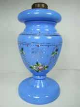 Load image into Gallery viewer, Antique Blue Glass Lamp Hand Painted Flowers Removable Insert Periwinkle Milk