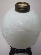 Load image into Gallery viewer, 19c Victorian Milk Glass Spider Web Flowers Oil Lamp FG Co Cast Iron Base Ornate