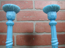 Load image into Gallery viewer, SERPENT SNAKE KOI DRAGON FISH Antique Pair Blue Milkglass Candlesticks Ornate